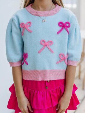 NWOT Shop The Mint Girls Happy To Be Here Light Blue Bow Sweater